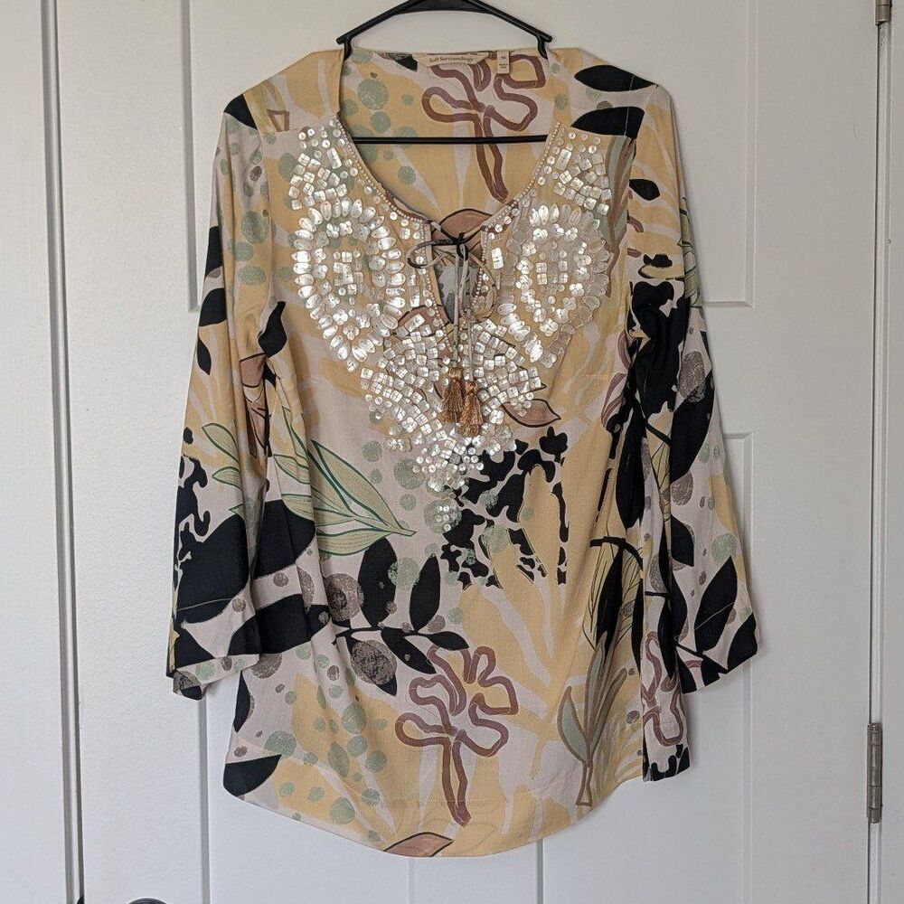 Soft Surroundings South Beach Printed Sequin Embellished Tunic Blouse Sz XS